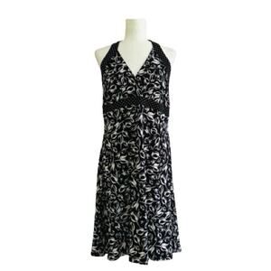 B. Moss Black White Floral Sleeveless Halter Tie Neck Casual Dress Size Large